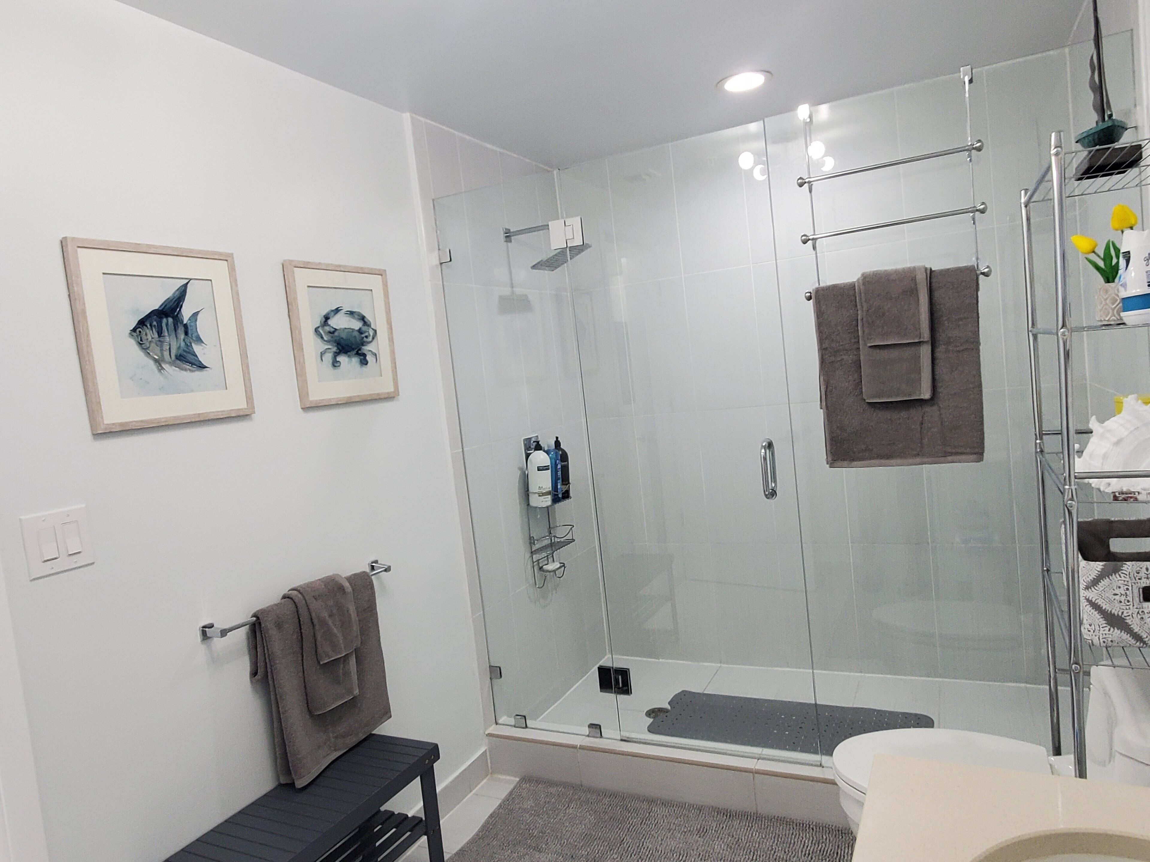 A modern bathroom with a glass-enclosed shower, a toilet, and a bench.