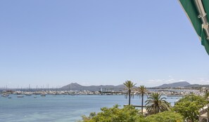 A coastal marina with boats, palm trees, and a clear sky. - Apartamento Tonia by Mallorca North Villas (Port de Pollença)