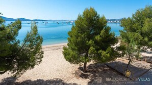 Ein Strand mit klarem, blauem Wasser, Booten und Kiefern.