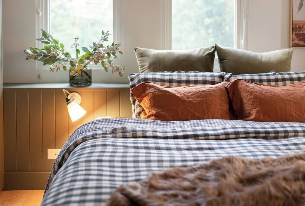 A bedroom with a checkered bedspread, a radiator, and a window with a plant on the sill.
