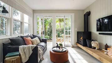 Télévision, cheminée, chaîne hi-fi