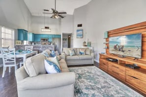 Smart TV, fireplace, video game console, DVD player