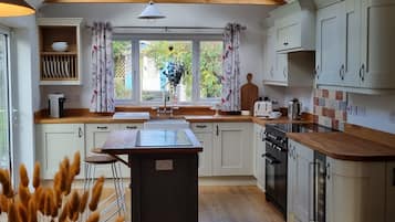 Een koelkast, een magnetron, een oven, een kookplaat