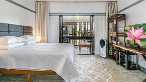 Een slaapkamer met een bed, een televisie, een ventilator en uitzicht op de omgeving.