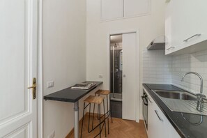 Cocina compacta con cubierta negra, un lavamanos y una puerta que da a una ducha.