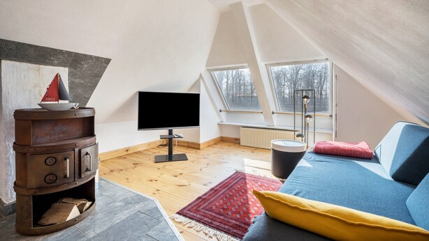 Een slaapkamer in loftstijl met een televisie, houten vloeren, een rood tapijt met een patroon, een bank met gele kussens en een groot raam.
