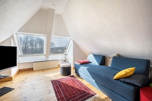 A room with a blue sofa, a red patterned rug, a television, and a large window with a view of trees.