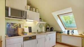 A modern kitchen with a dishwasher, microwave, and a skylight. - Apartment 'Ullo´s Schwalbennest  ' with Private Terrace, Shared Garden and Wi-Fi (Lütow)