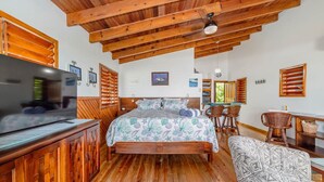 Un dormitorio con techo de madera, una cama con colcha estampada, un televisor, un mueble de madera y un rincón de descanso con sillas y una mesa.