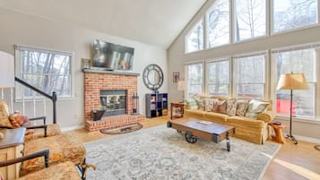 TV, fireplace, DVD player, books