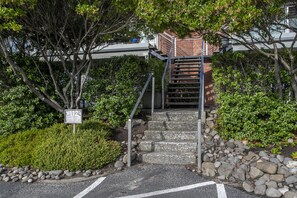 Steps lead to the entrance of a building, flanked by a garden and a metal railing.