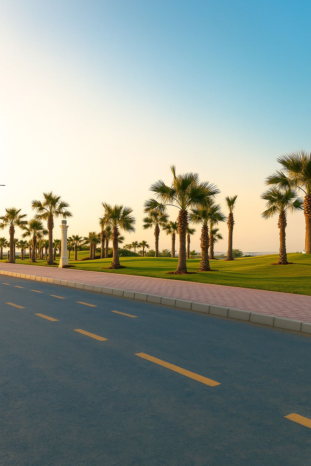 A paved road with palm trees and a grassy area.