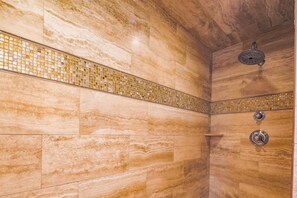 Shower, hair dryer, soap, shampoo
