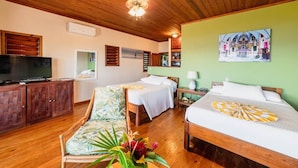 A hotel room with wooden flooring, a television, two beds with white linens, a wooden ceiling, and a green wall with a painting. - Oak Ridge Suite - Ground Level Double (West End)