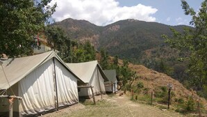 A campsite with tents set up on a hillside, surrounded by trees and mountains in the background. - Hidden Valley Camp (Nainital)