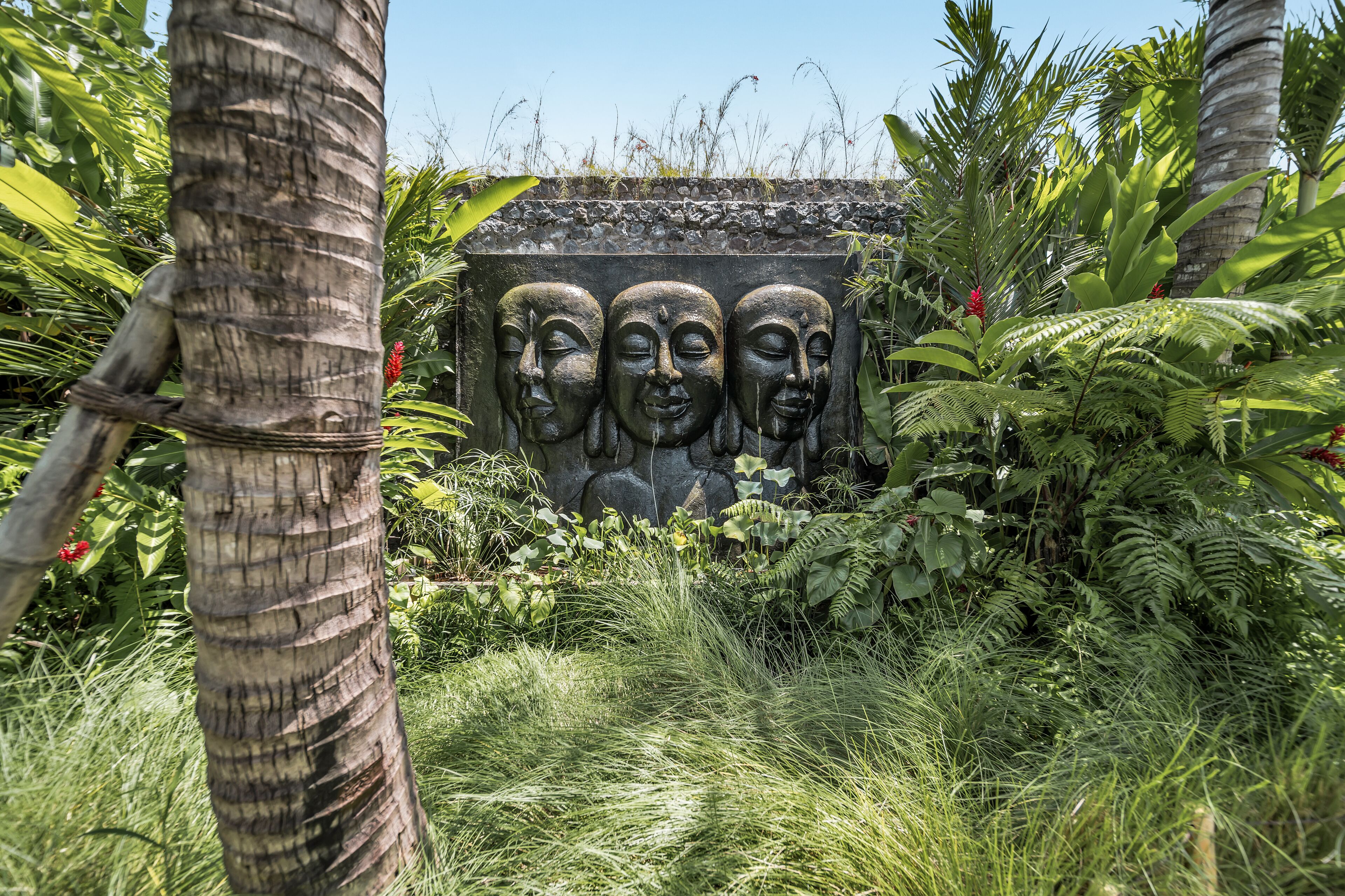 A stone wall with three carved faces, surrounded by lush greenery and palm trees.
