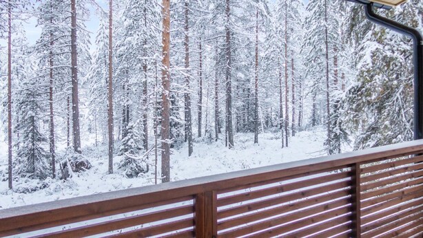 Schneeüberzugener Wald, Blick vom Fenster einer Holzhütte mit Holzbalkon.