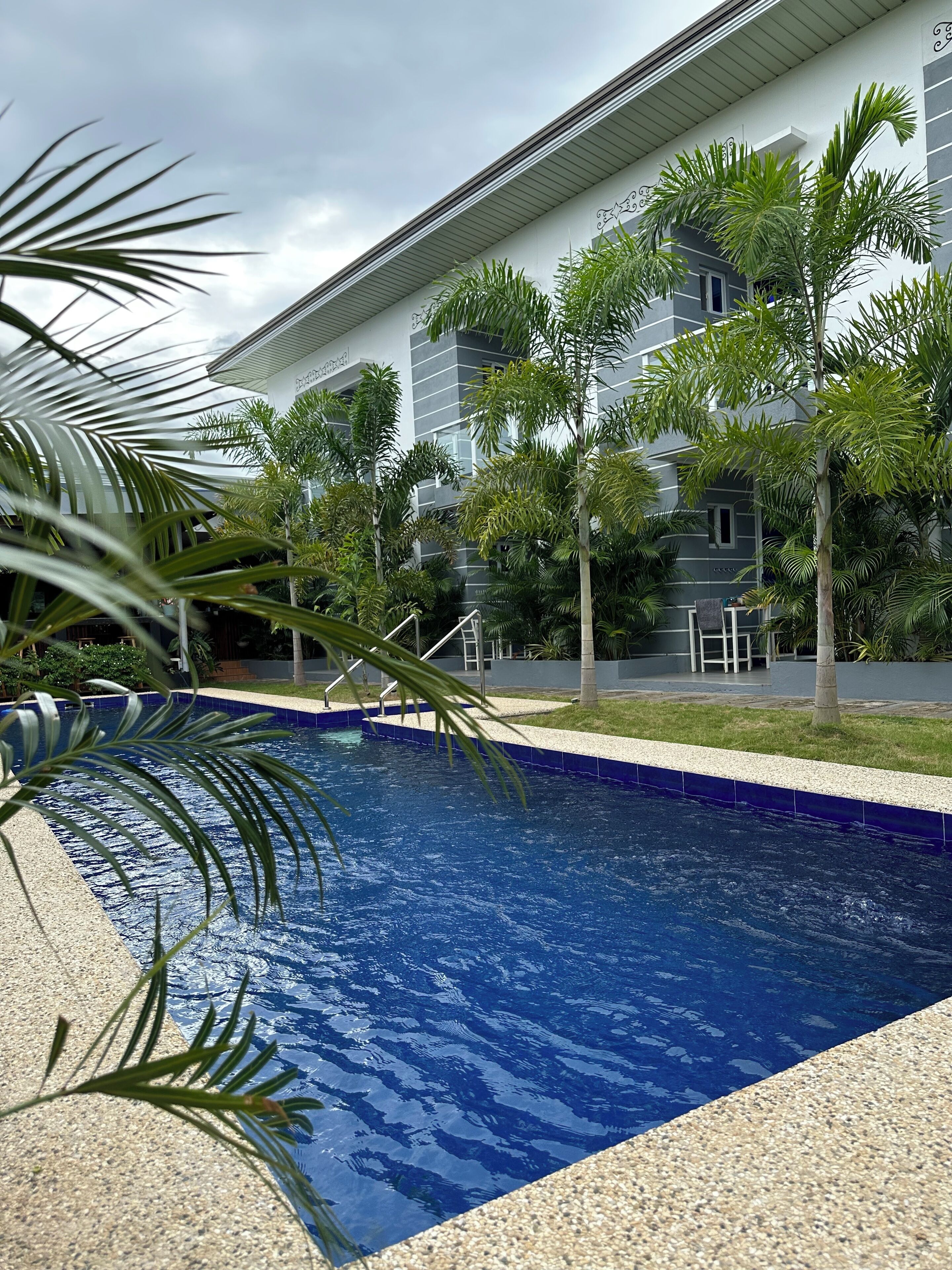 Piscina con un edificio moderno al fondo, rodeada de palmeras.