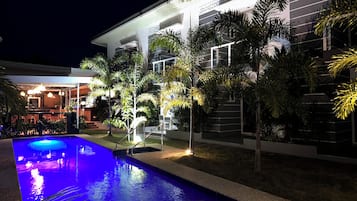 Outdoor pool, open 10:00 AM to 9:30 PM, pool umbrellas, pool loungers