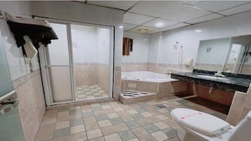Separate bathtub and shower, jetted bath, rainfall showerhead