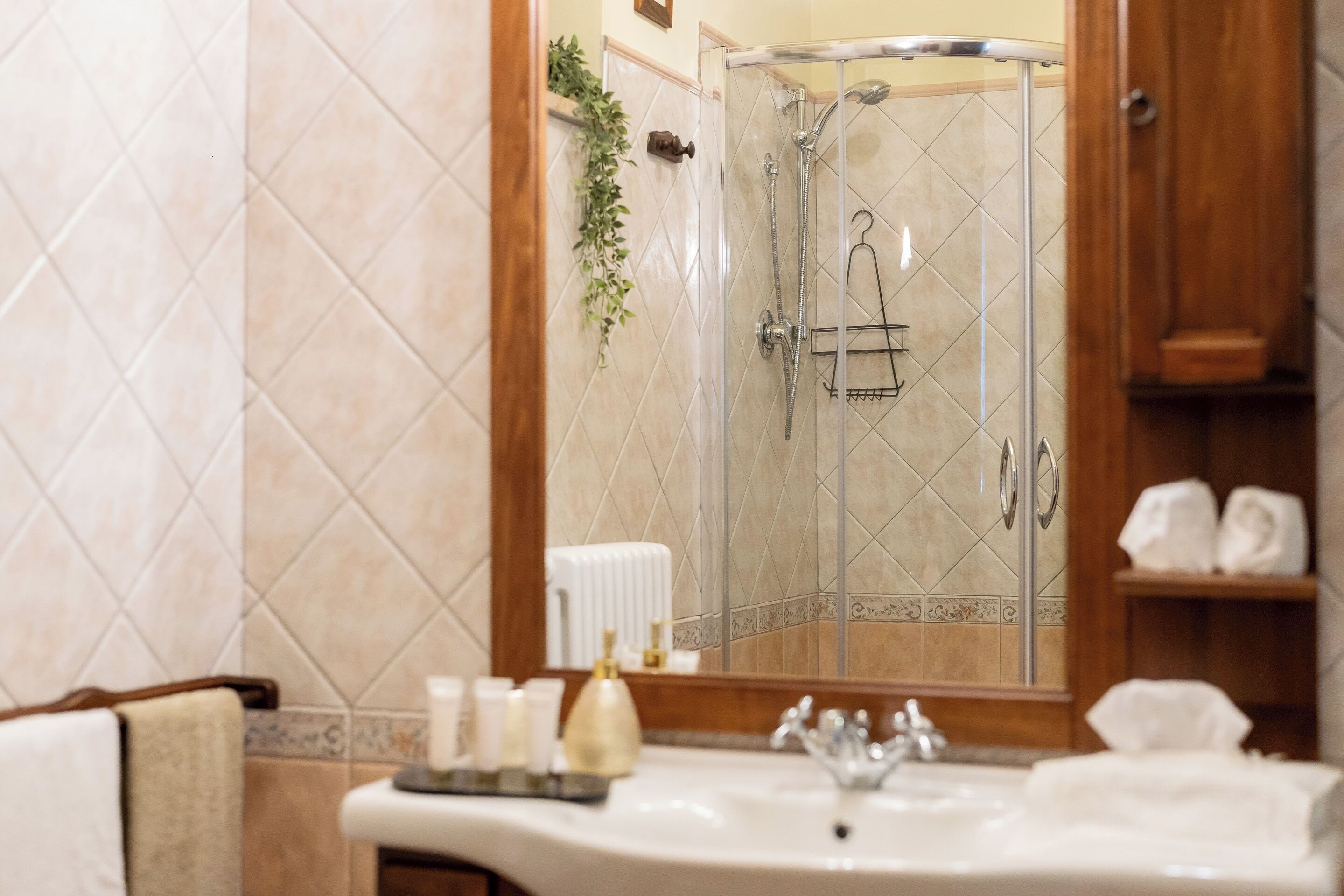 A bathroom with a glass-enclosed shower, a sink with toiletries, and a wooden cabinet with towels.