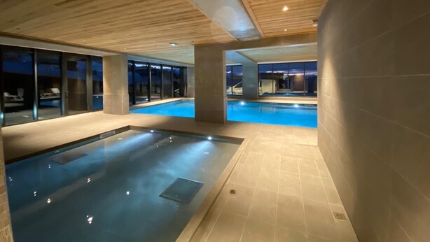 Una piscina interior moderna con techo de madera y paredes de vidrio, que ofrece vistas al exterior.