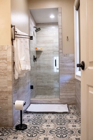 Shower, hair dryer, shampoo