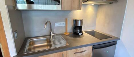 Fridge, oven, toaster, cookware/dishes/utensils