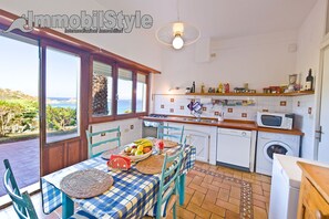 A kitchen with a view of the sea, a dining table with a blue and white checkered tablecloth, and a washing machine.