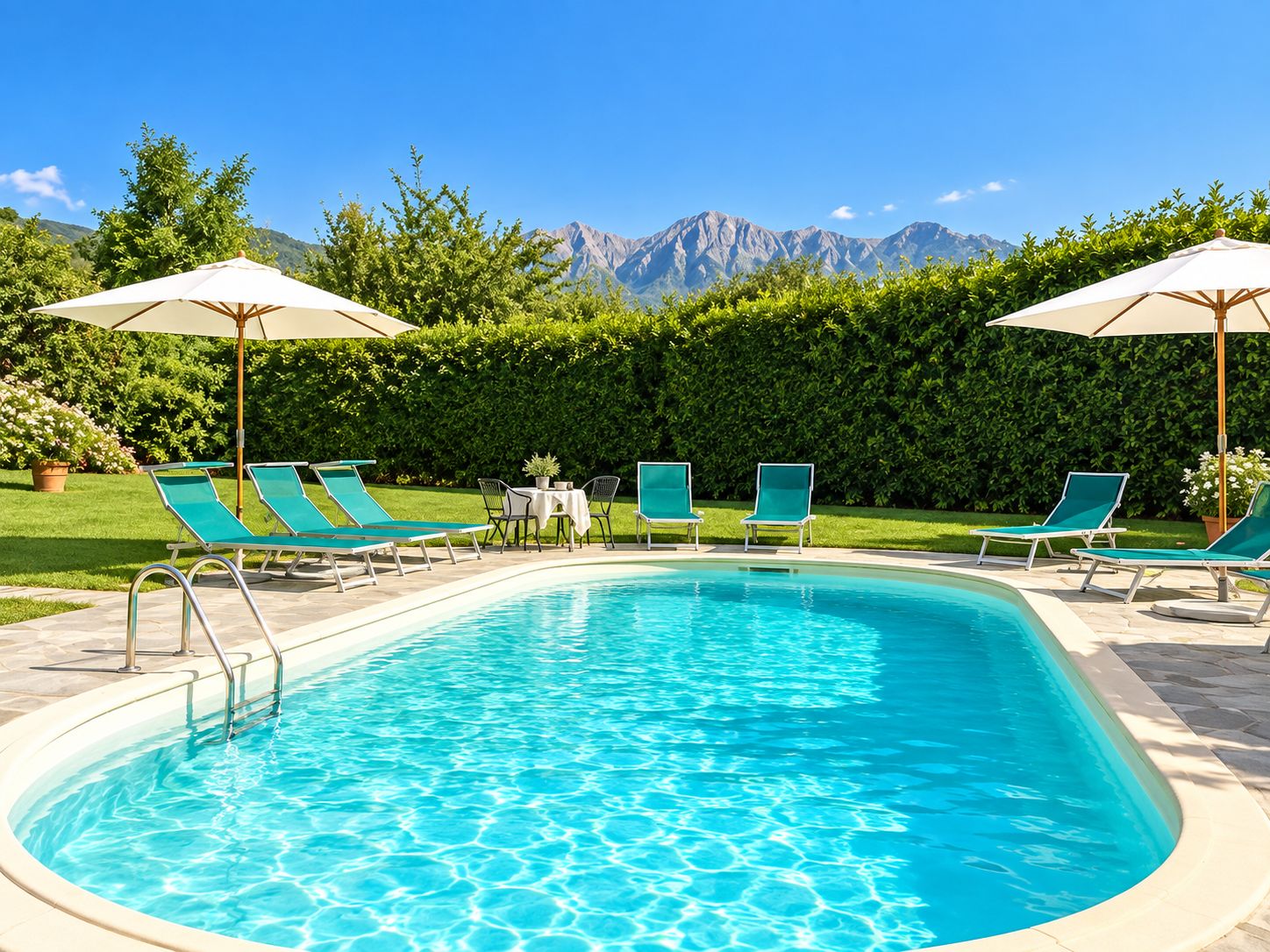 A swimming pool with lounge chairs and umbrellas, surrounded by a hedge and mountains in the background.