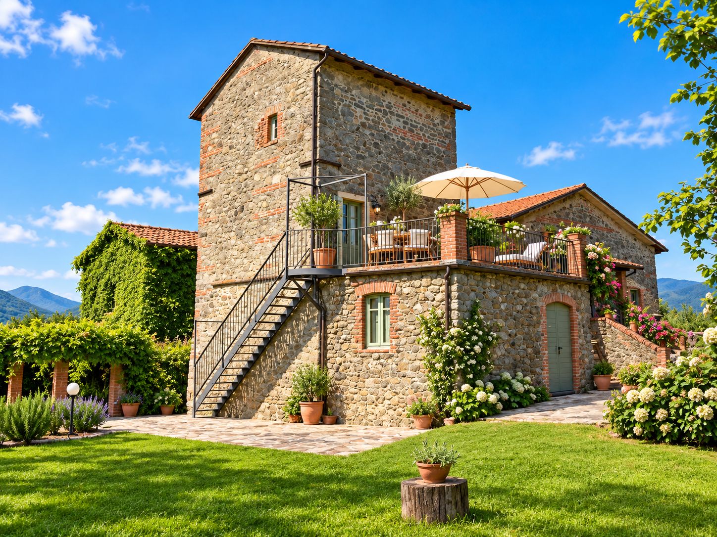A stone building with a balcony, a staircase, and potted plants.