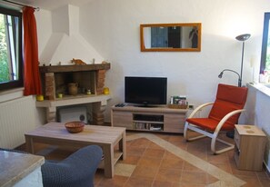 TV, caminetto, lettore DVD, libri