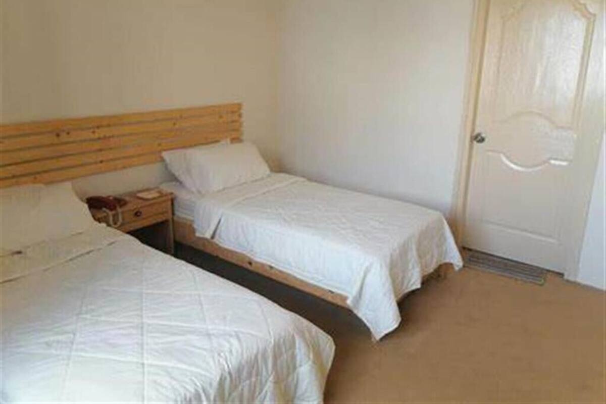A room with two single beds, a wooden headboard, a bedside table with a lamp, and a door with a decorative panel.
