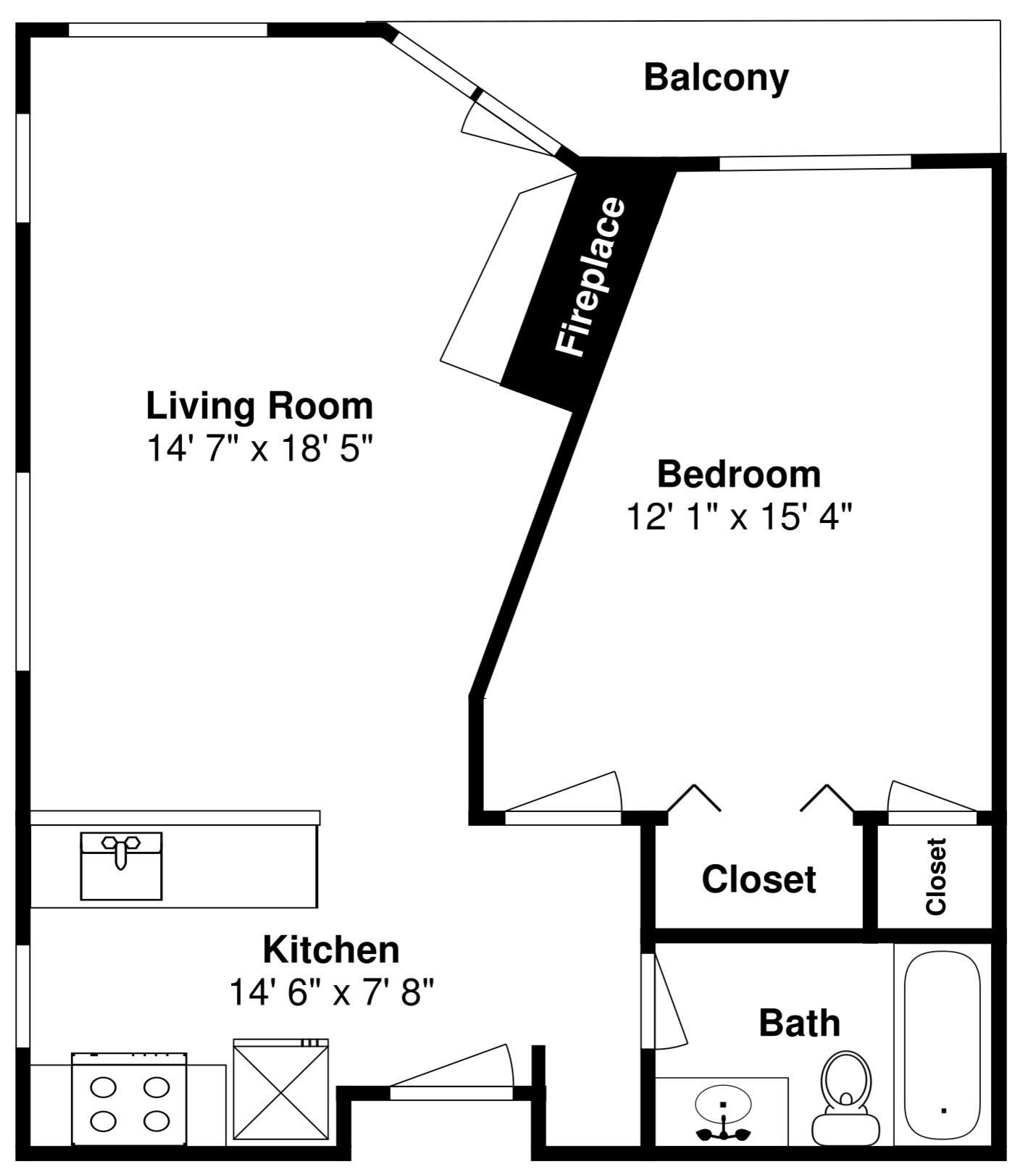A floor plan of a house with a living room, kitchen, bedroom, balcony, fireplace, closet, and bathroom.