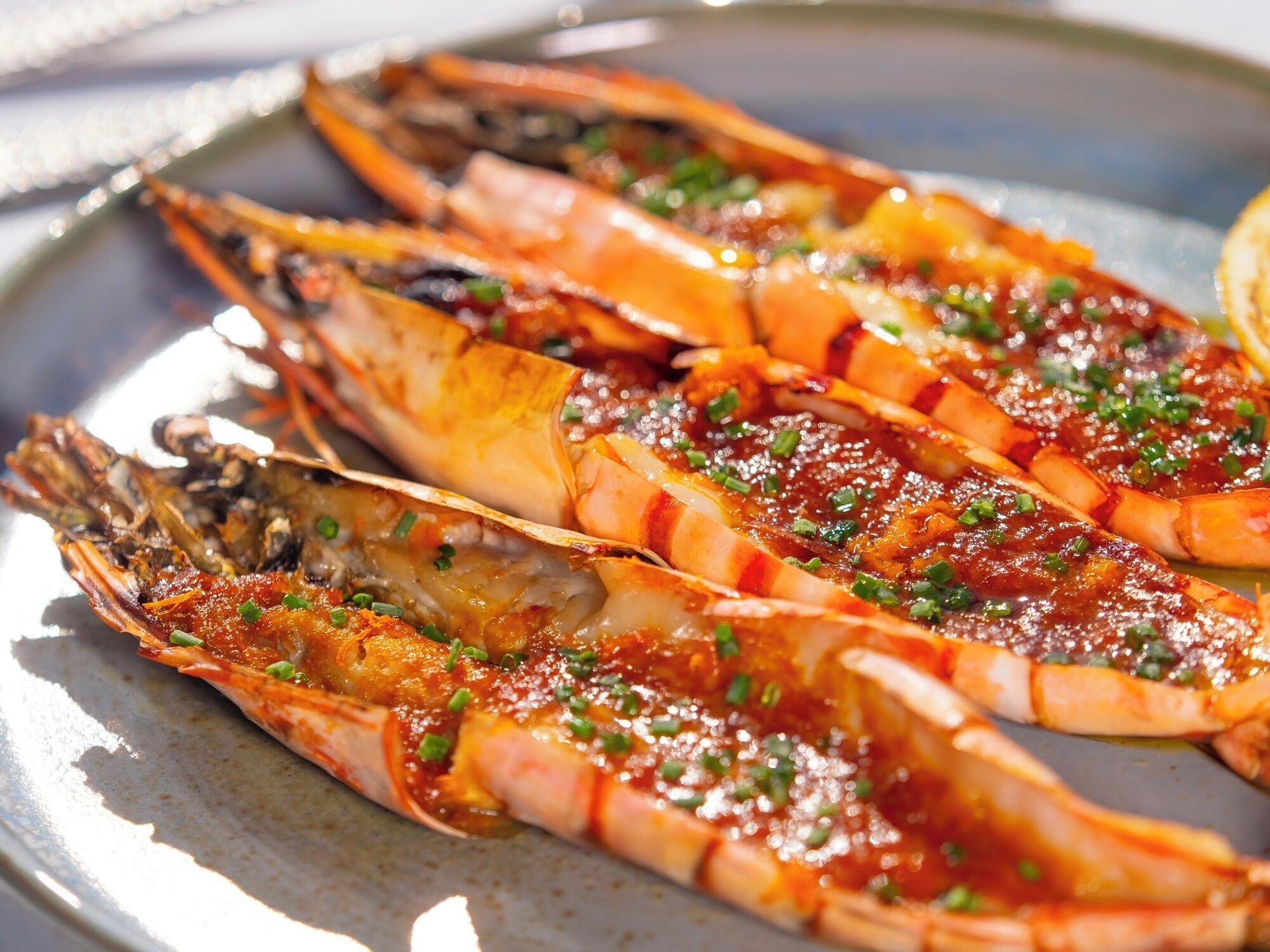 A plate of grilled prawns garnished with herbs.