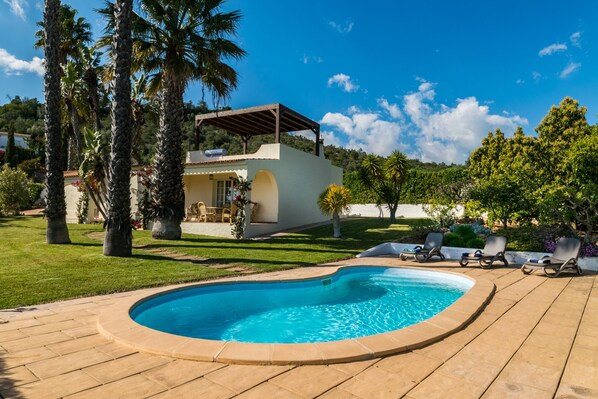 A swimming pool with lounge chairs, palm trees, and a building with a pergola. - Villa Bandicoot, Lagoa de Momprolé, Algarve (Loulé)