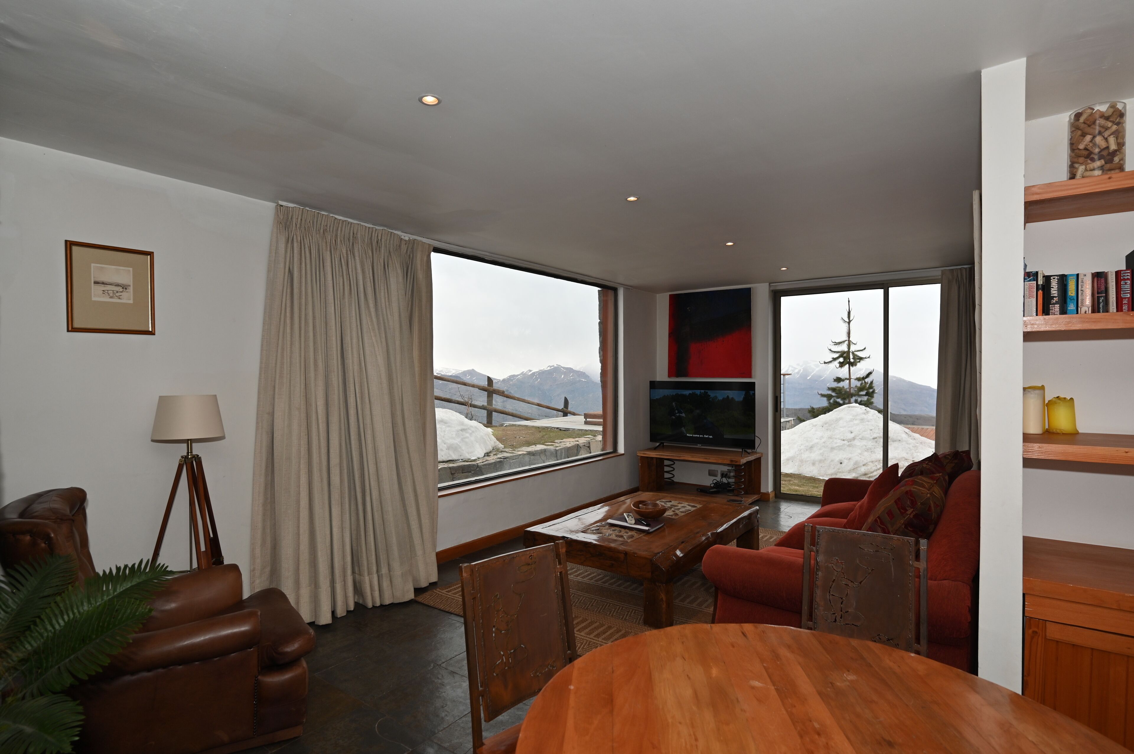 TV, lareira, DVD player, livros