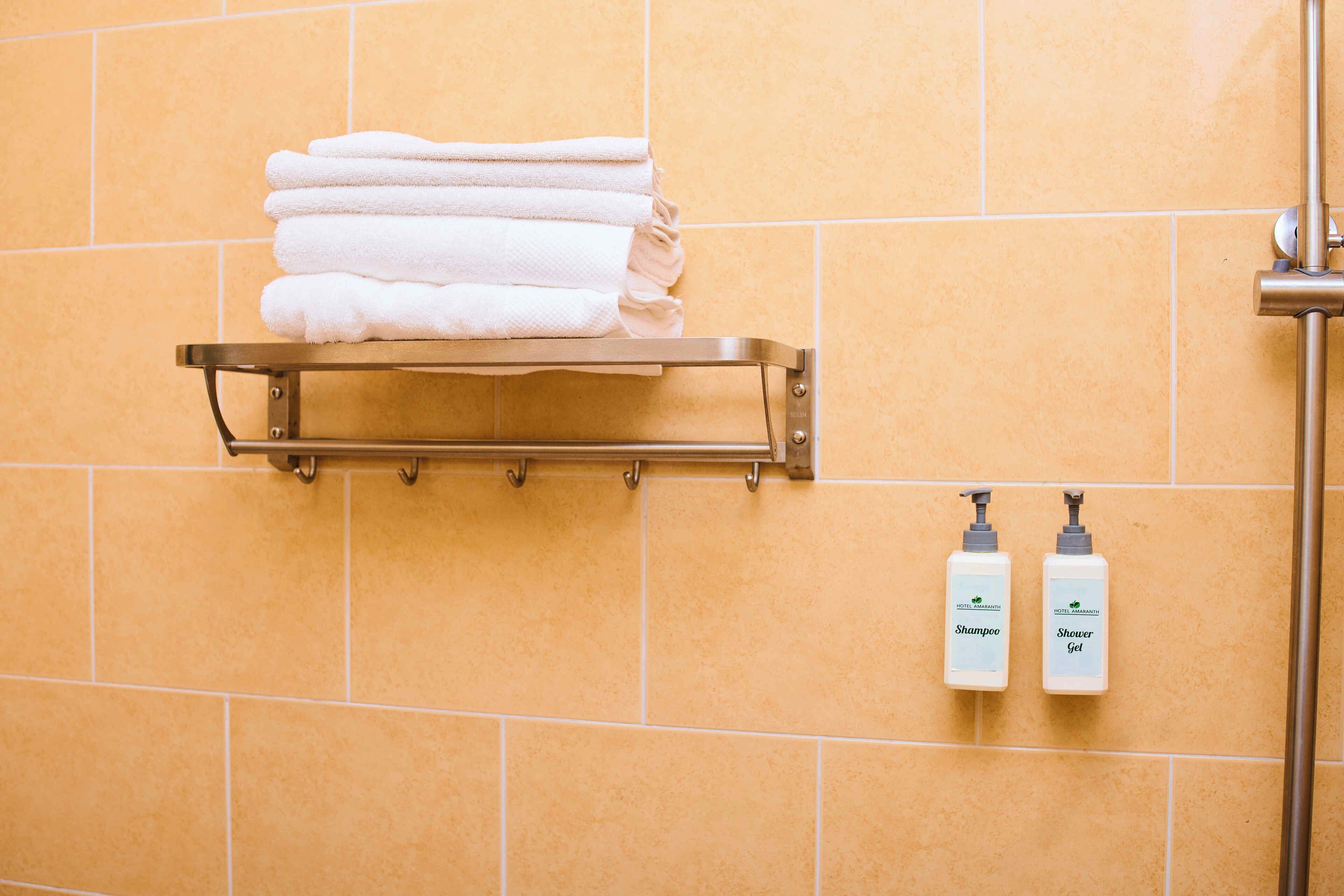 Une salle de bain avec un porte-serviettes sur lequel sont pliées des serviettes, une pomme de douche et deux bouteilles de shampoing et de gel douche.