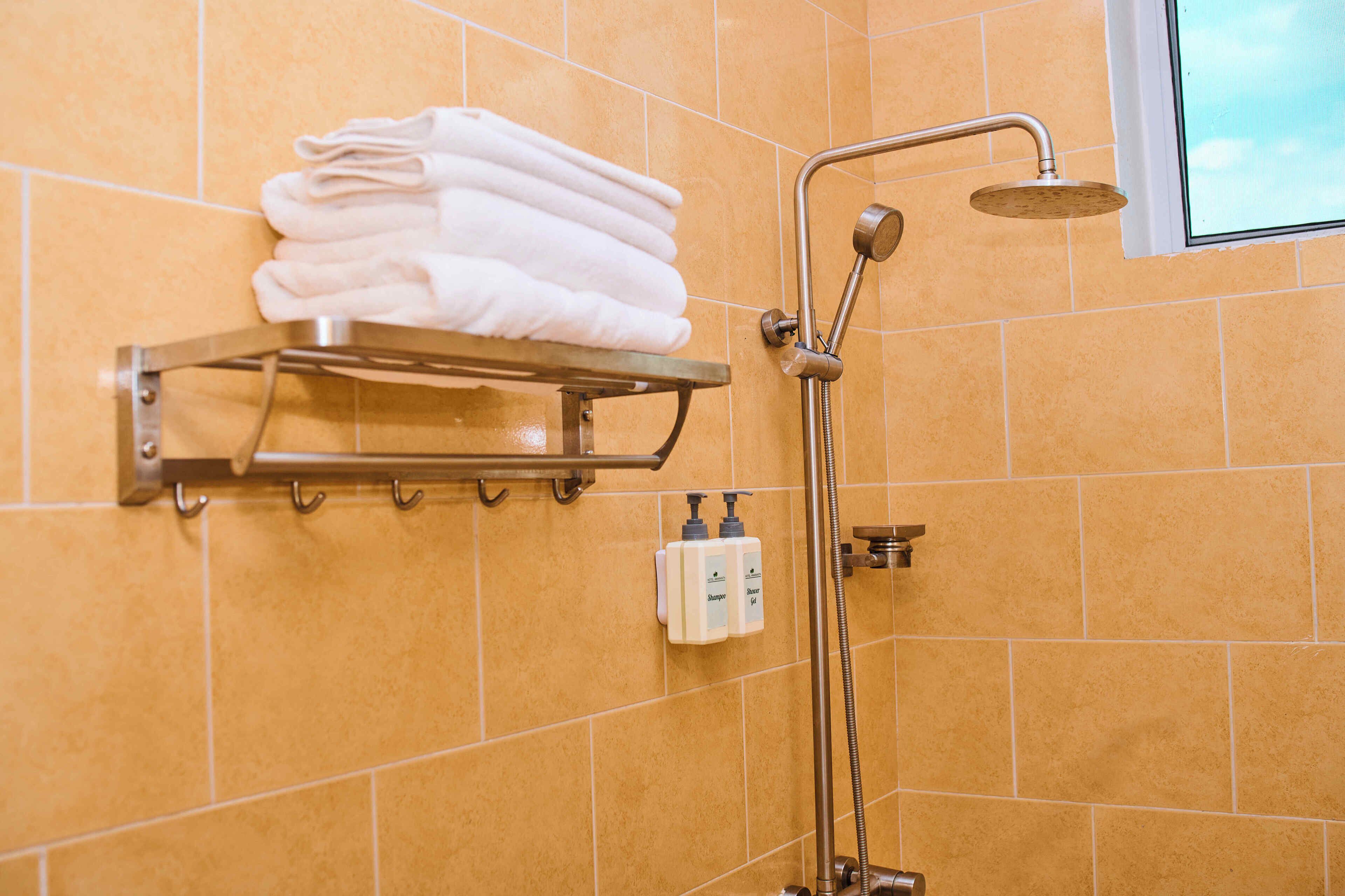Een badkamer met een handdoekhouder met opgevouwen handdoeken, een handdouche en twee flessen shampoo en conditioner.