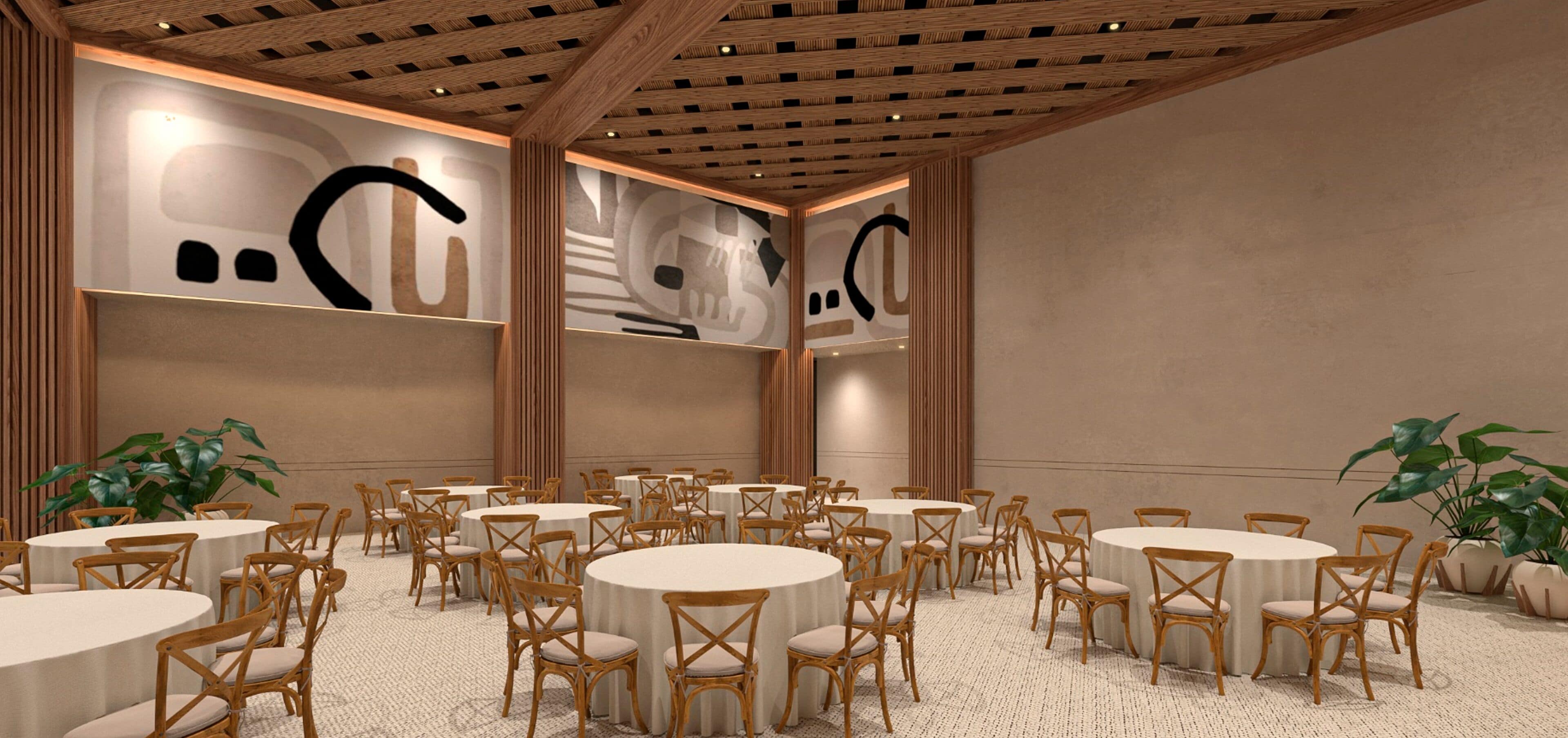 A conference room with round tables and chairs, wooden paneling, and abstract wall art.