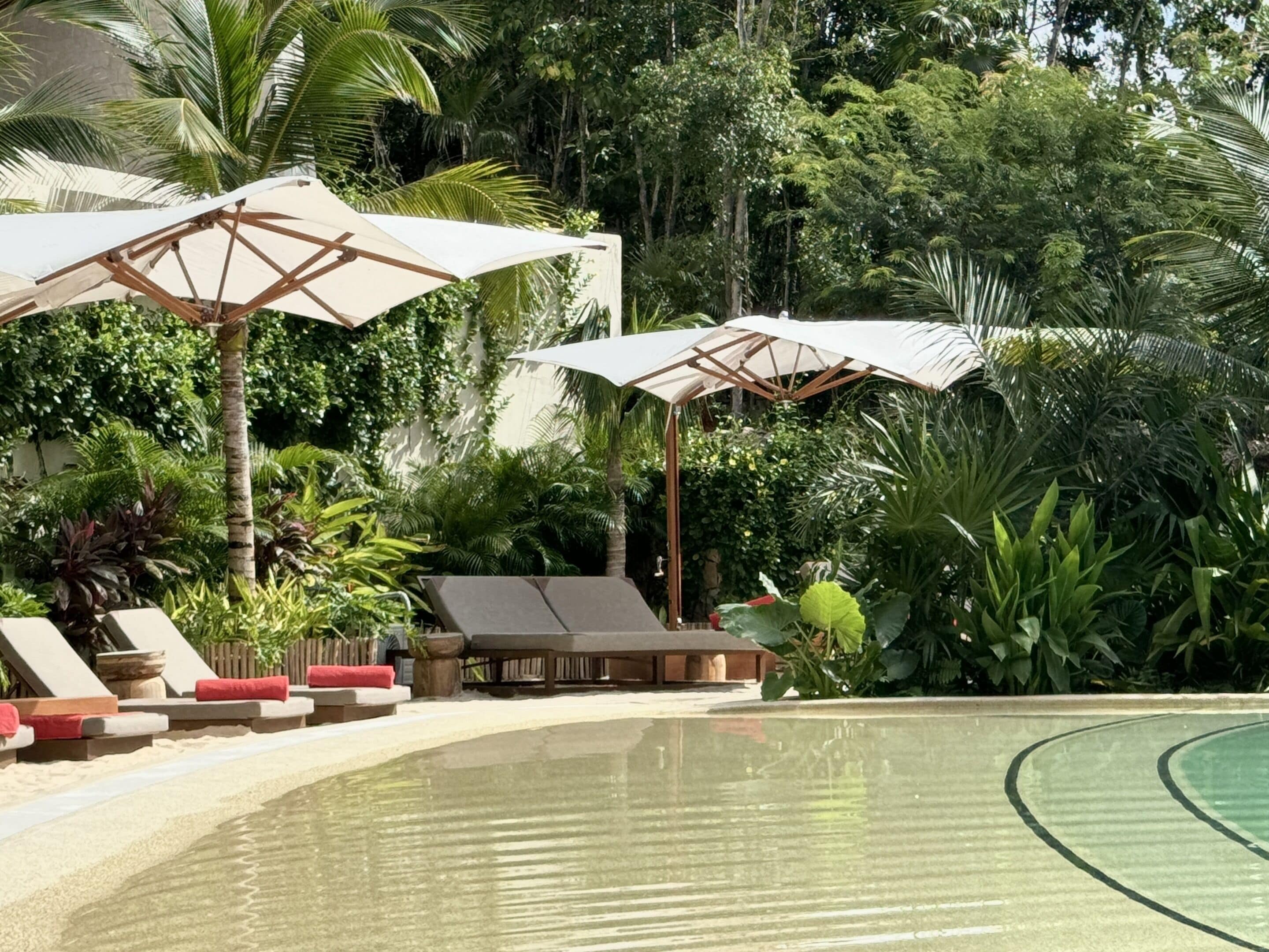 A poolside area with lounge chairs and umbrellas, surrounded by lush greenery.