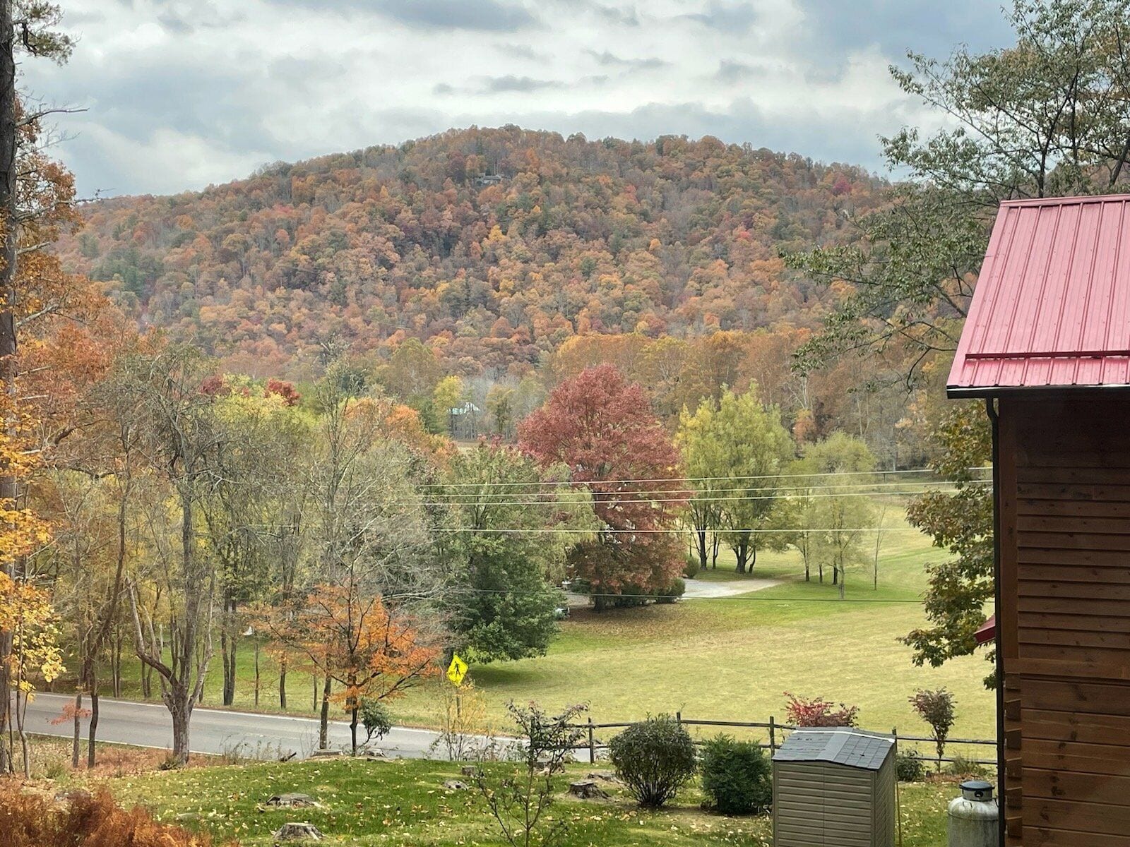 A view of a house with a red roof, surrounded by a lawn and trees with autumn foliage.