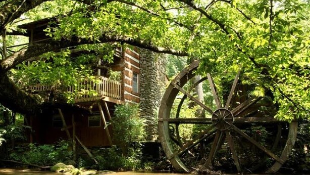 Une construction rustique en bois, dotée d’une grande roue à eau, entourée d’une végétation luxuriante et traversée par un ruisseau.