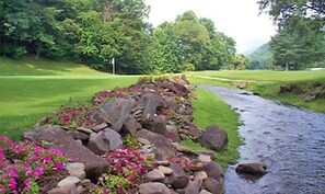 Un río serpentea por un área ajardinada con rocas y flores.