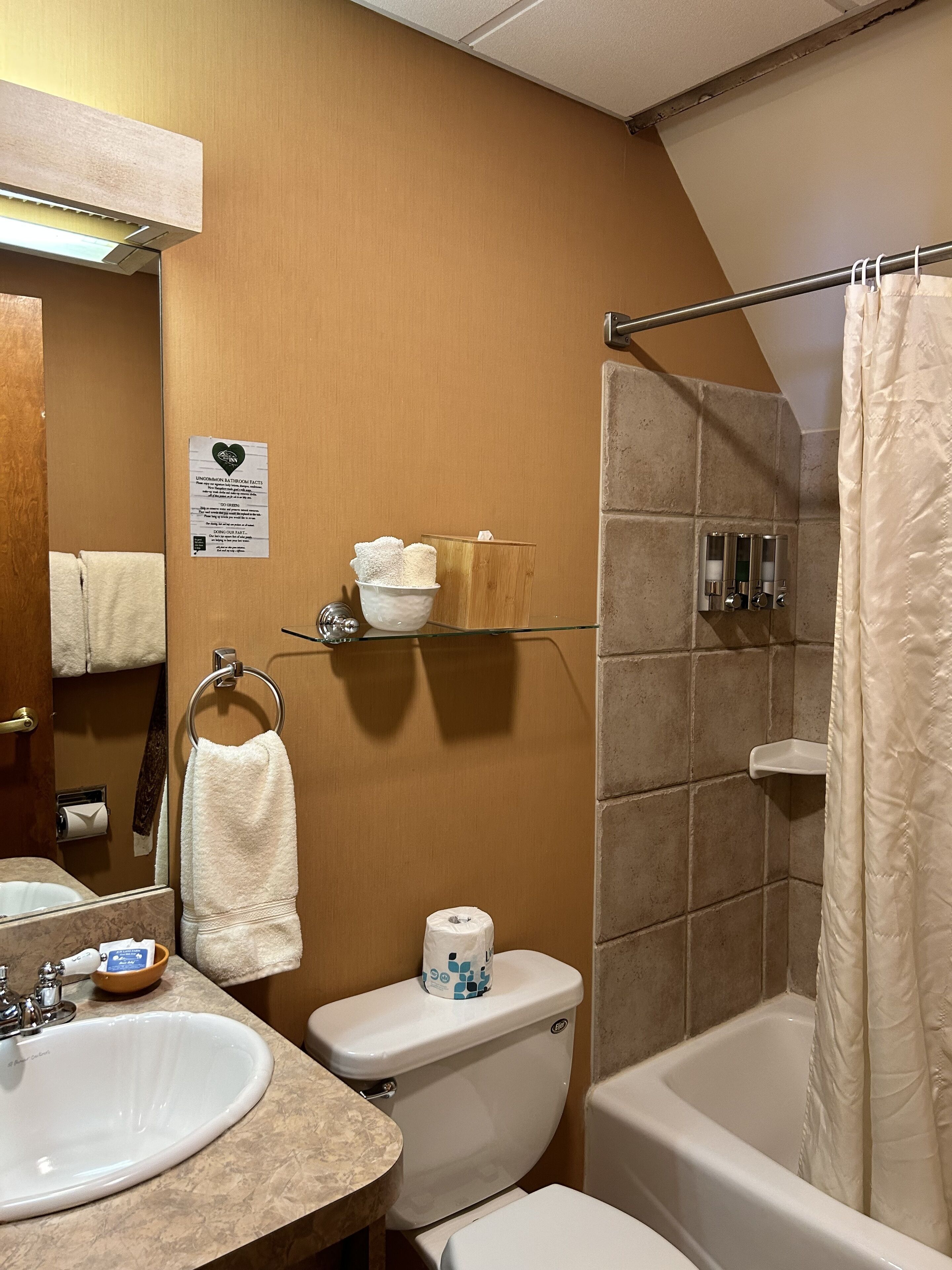 Ein Badezimmer mit Waschbecken, Toilette und Badewanne. Ein Handtuchhalter mit Handtuch, ein Toilettenpapierhalter und eine kleine Ablagefläche mit Taschentuchbox.