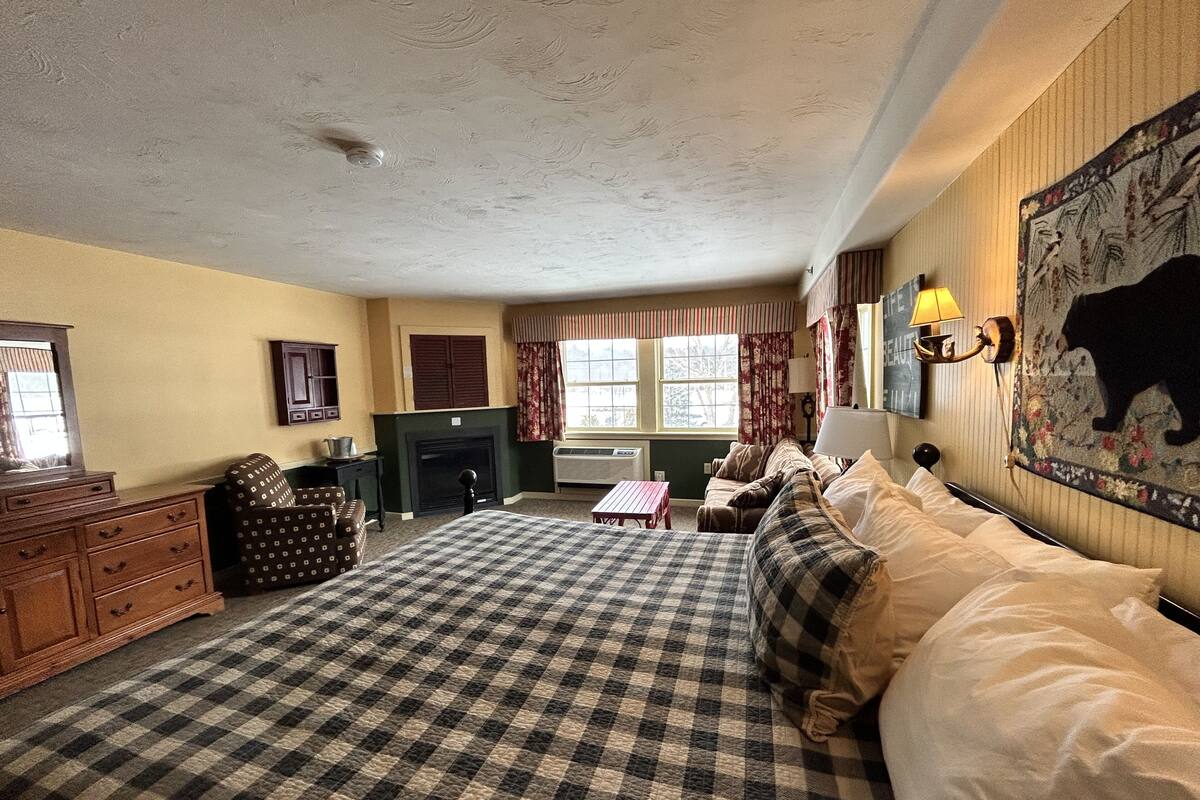 A hotel room with a checkered carpet, a bed, a fireplace, a desk, a chair, a dresser, and a wall with a bear mural.