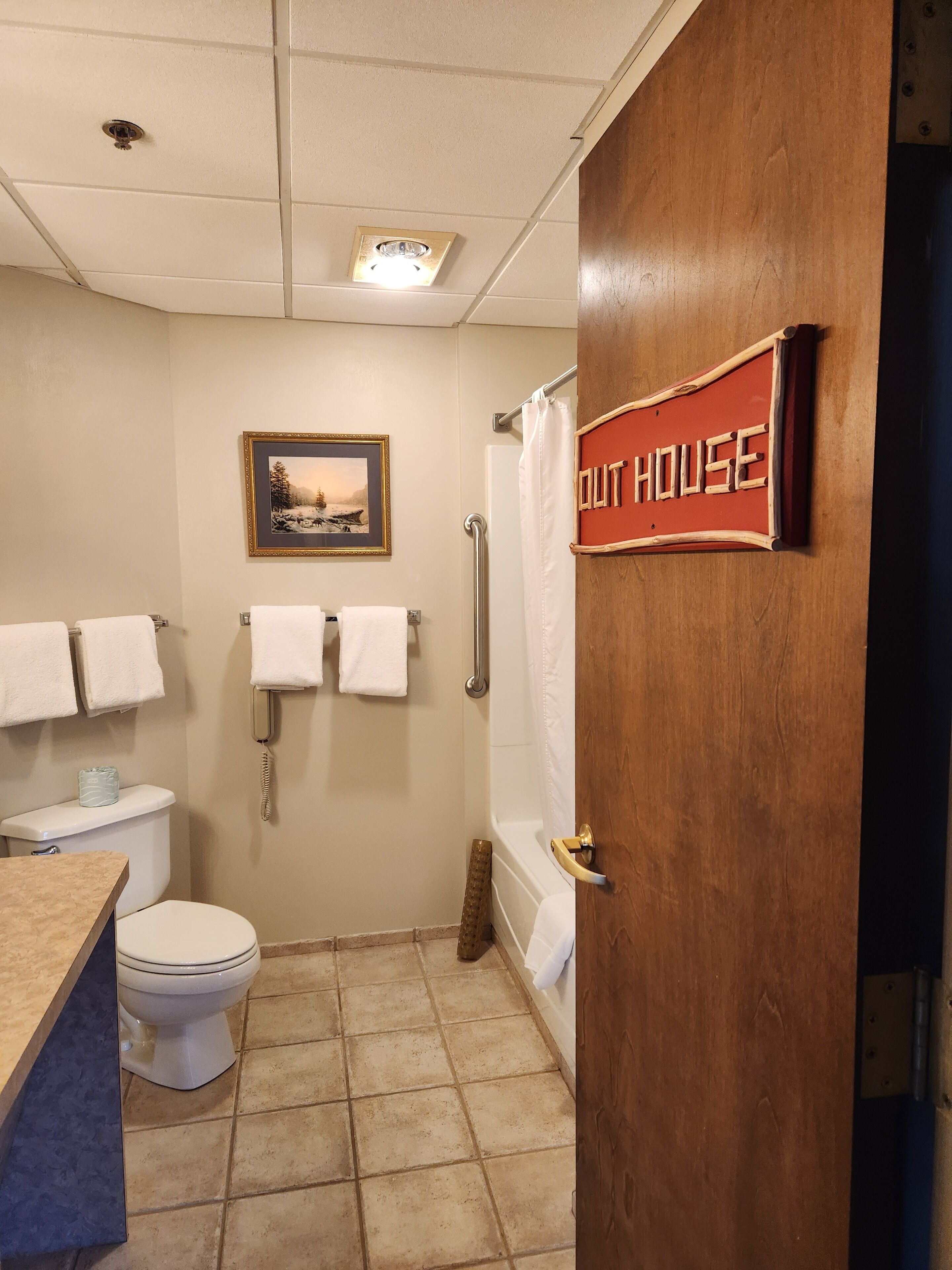 A bathroom with a toilet, sink, and bathtub. There is a shower curtain, a towel rack, and a framed picture on the wall.