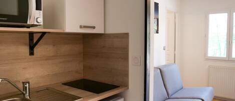 A compact kitchenette with a microwave, sink, and small refrigerator.
