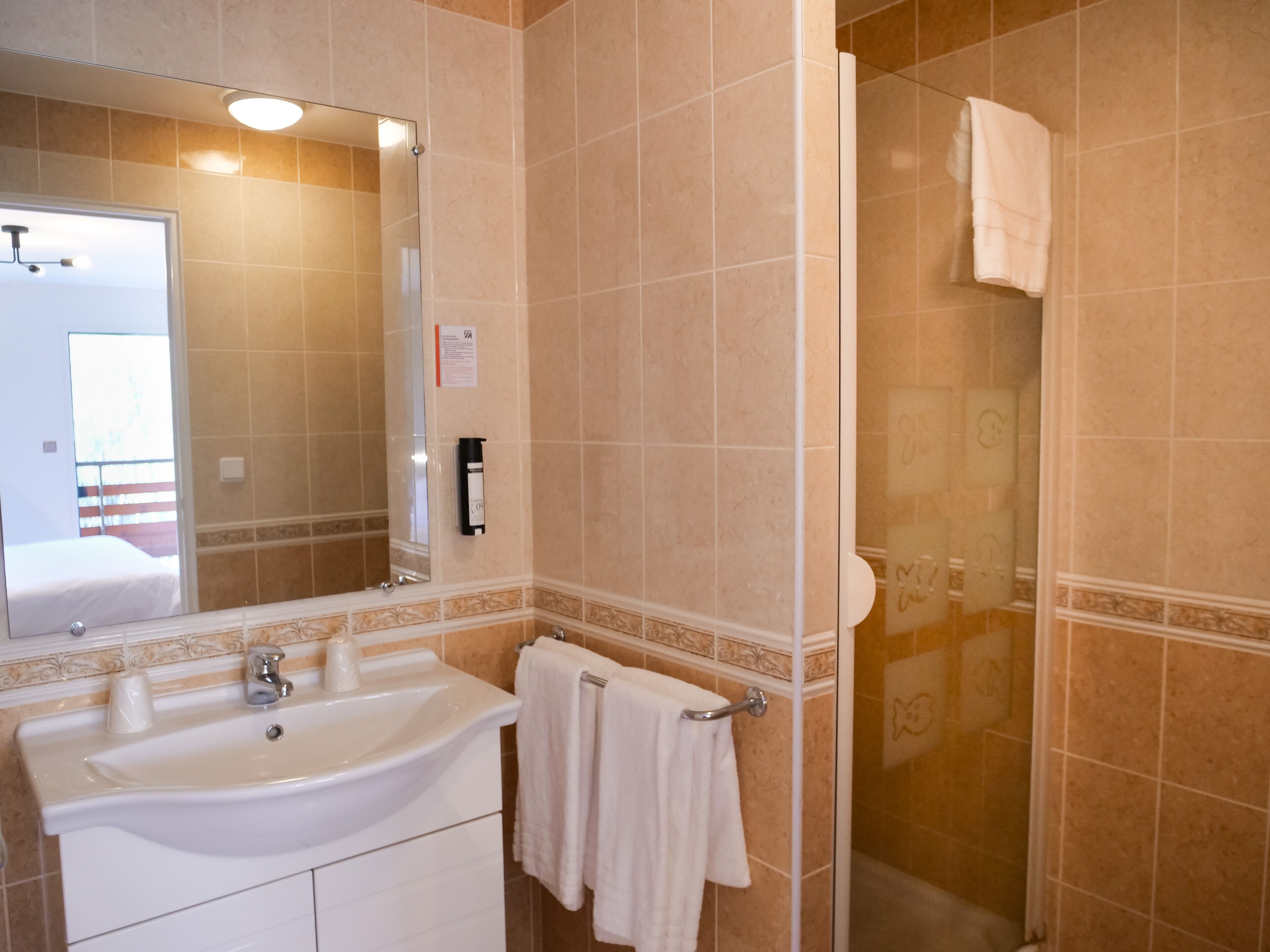 Un baño con lavabo, espejo y ducha.