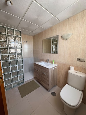 Un baño con inodoro, lavamanos, espejo y zona de ducha.